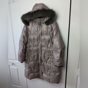 MARCONA Winter Women Coat Midi Lenght Size XL Green Fur Around Hoodie